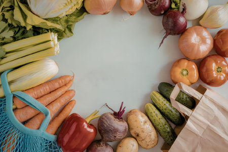 A variety of fresh vegetables arranged in a circular pattern on a white surface, including carrots,...