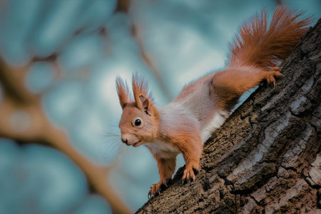 A squirrel is seen perched on the trunk of a tree, looking alert with its bushy tail and pointed...