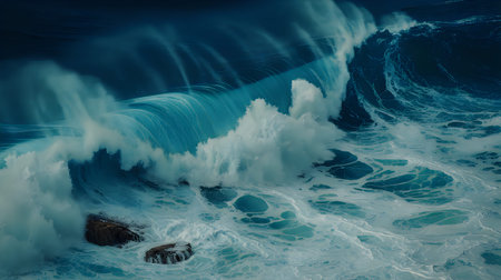 A powerful ocean wave crashes against rocks, creating a mesmerizing display of blue and white hues.の写真素材