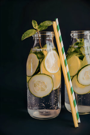 Two glass bottles of cucumber lemonade with mint and straws on a black background