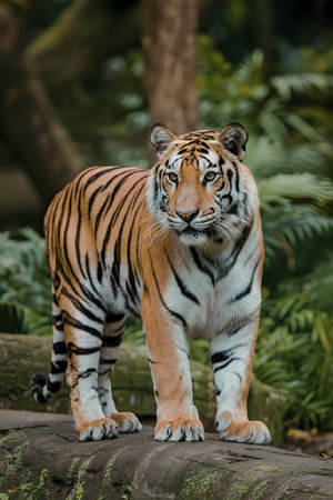 A tiger is walking on a log in a forest, showcasing its orange and black stripes.の写真素材