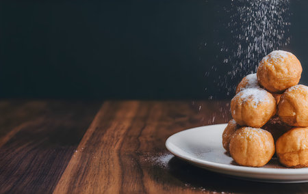 A stack of doughnuts on a white plate, placed on a wooden table, with powdered sugar being sprinkled...