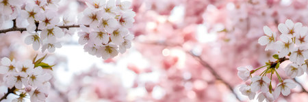 A stunning image of cherry blossoms in full bloom, showcasing delicate white and pink flowers on a...