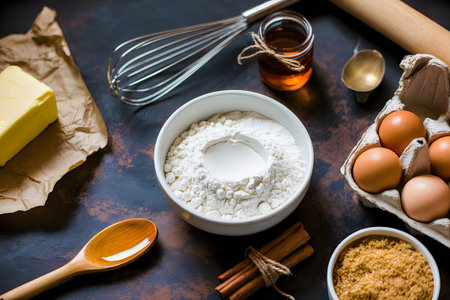 A collection of baking ingredients including flour, eggs, butter, and spices on a dark surface
