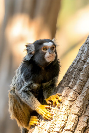 A monkey with black and white fur and yellow hands and feet sits on a tree trunk in a forest.