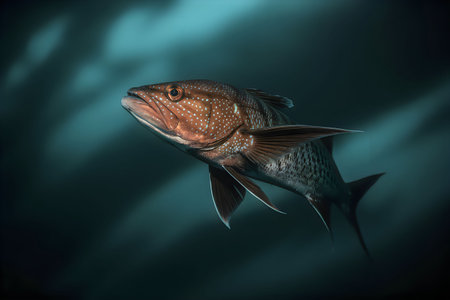A fish swims through dark water with a subtle light shining down from above.