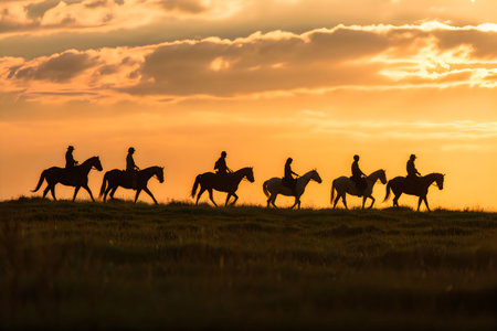A group of horseback riders are silhouetted against a vibrant sunset, riding across a grassy field.