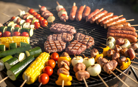 A variety of grilled meat and vegetable skewers on a barbecue grill, including burgers, sausages,...