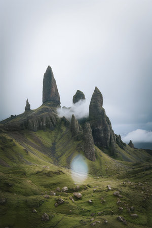 The image depicts a rugged landscape with a prominent rock formation known as the Old Man of Storr,...