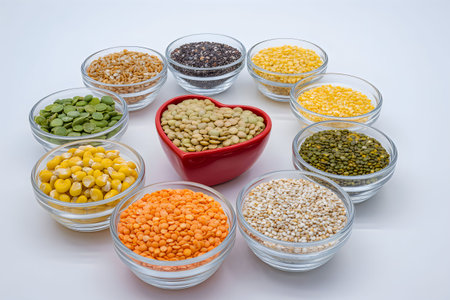 A collection of different pulses and grains arranged in glass bowls on a white surface