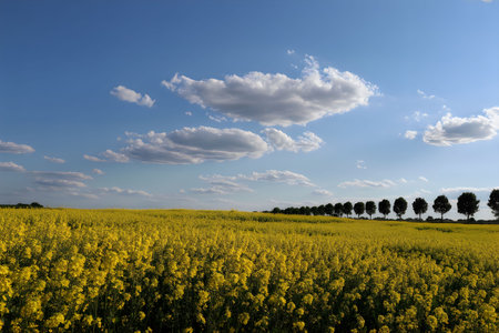 A serene landscape featuring a vast field of yellow flowers stretching towards the horizon, lined...