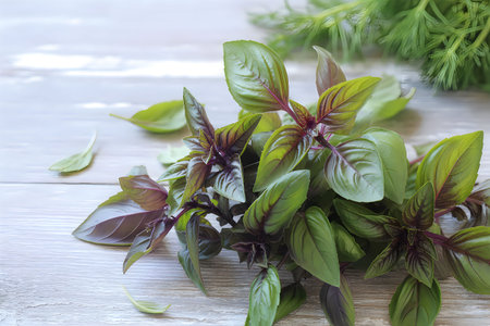 A bunch of fresh basil leaves with green and purple colors on a wooden surface
