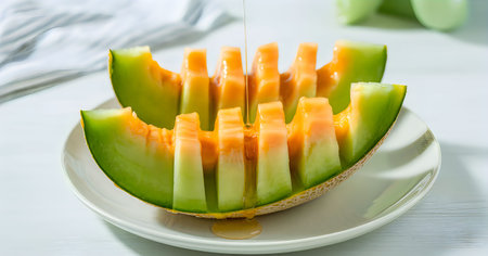 A plate of fresh melon slices arranged to resemble a whole melon, with green and orange colors...