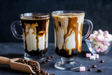 Two glasses of coffee drink with marshmallows and caramel sauce on a dark table