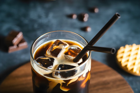 A refreshing glass of cold brew coffee with cream and ice, served with a waffle and chocolate on the...