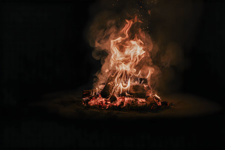 A large fire burns brightly in a dark environment, with flames and embers visible.