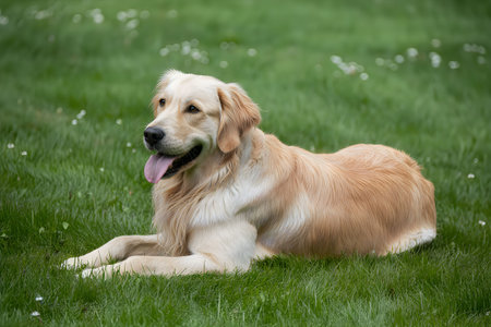 A golden retriever dog lying on green grass with its tongue out, looking relaxed and happy.