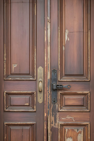 A pair of old wooden doors with a worn finish, showing signs of aging and wear.