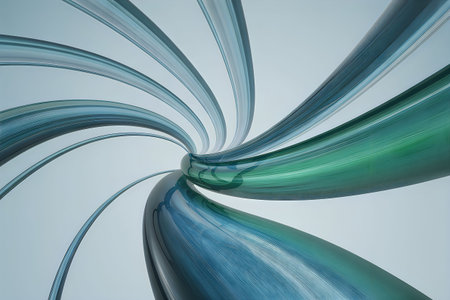 An abstract metallic art piece featuring curved lines in blue and green tones.