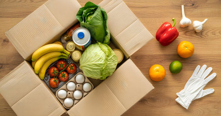 A cardboard box filled with fresh produce, including fruits and vegetables, accompanied by some...