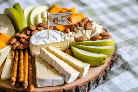 A beautifully arranged platter of cheese, fruits, and nuts, perfect for a snack or gathering.の写真素材