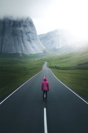 a person wearing a pink jacket walking down a road with white lines on either side, surrounded by green grass and large mountains in the backgroundの写真素材