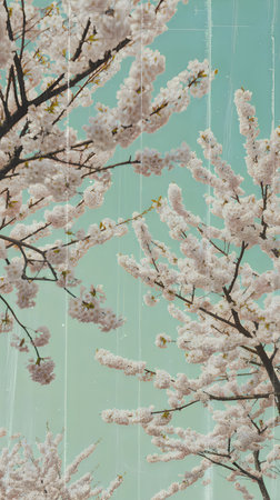 A serene image of cherry blossom branches against a soft green background on a rainy day.