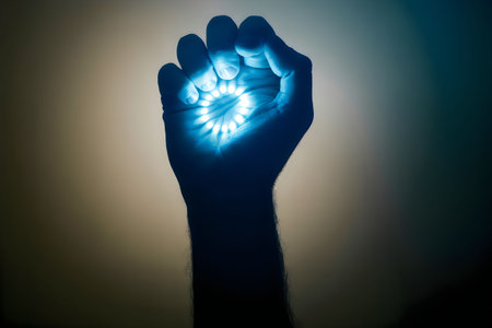 A dark silhouette of a raised fist with a glowing blue light emanating from it.の写真素材