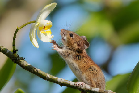 A small mouse standing on a branch smelling a white flower
