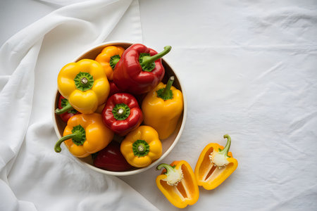 A bowl of colorful bell peppers on a white tablecloth