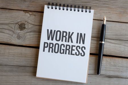 A spiral-bound notebook with 'WORK IN PROGRESS' written on it, placed on a wooden surface next to a...
