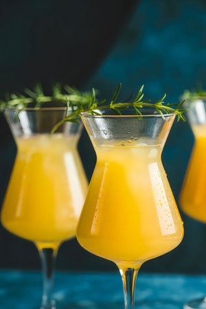Three glasses of orange juice with herbs on a blue backgroundの写真素材