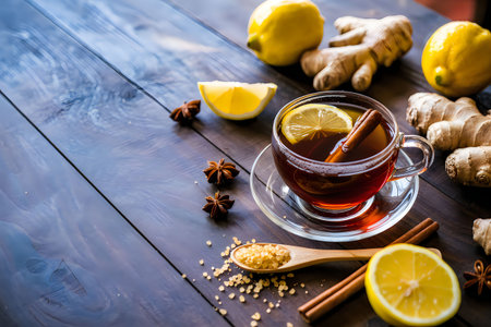 A soothing cup of tea with lemon slices, ginger, and spices on a wooden table.