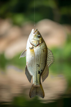 A fish caught on a fishing line, showcasing its detailed scales and fins against a blurred...