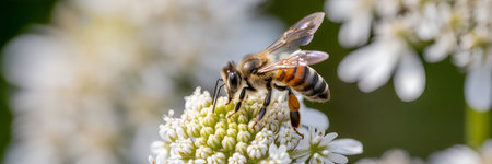 A bee is collecting nectar from a cluster of small white flowers, showcasing a moment of nature's beauty and importance of pollinators.の写真素材