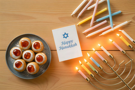 A plate of cookies, a Hanukkah card, and a menorah with lit candles on a wooden tableの写真素材
