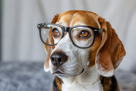 A close-up of a beagle wearing black glasses, looking curious and attentive.