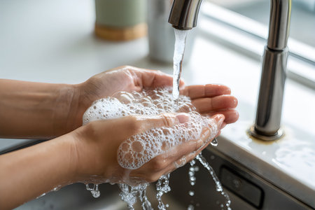 A person washing their hands under a running faucet with soap bubbles.