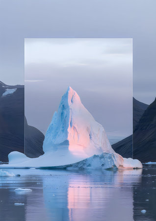 a large iceberg floating in the calm water with mountains in the background