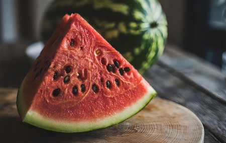 A juicy slice of watermelon on a wooden cutting board with a whole watermelon in the background.の写真素材