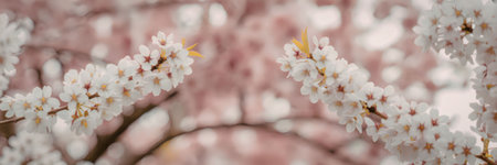 A beautiful close-up of cherry blossoms with white and pink petals, showcasing the delicate details...