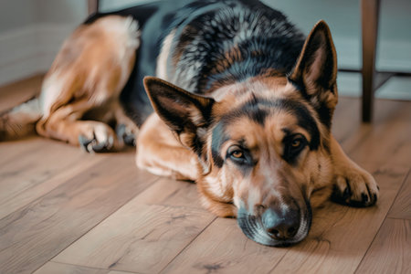 A German Shepherd dog lying on a wooden floor with its head resting on the ground, looking directly...