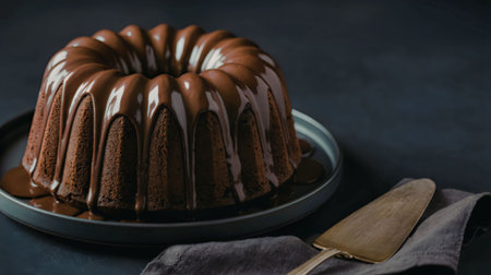 A chocolate bundt cake with a rich, chocolate glaze sits on a plate with a cake server.