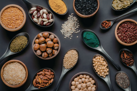 An assortment of colorful spices and nuts arranged in bowls and spoons on a dark surface