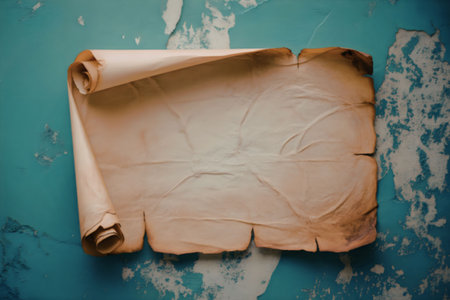 A worn and torn parchment scroll on a blue background, resembling an ancient document or manuscript.