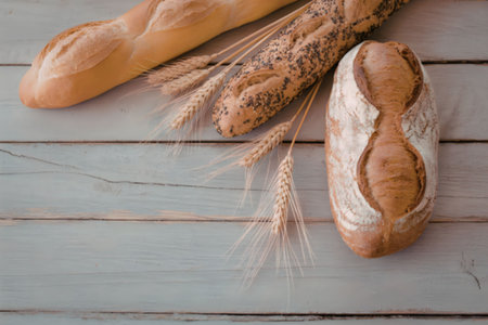 A crusty loaf of bread and a baguette on a rustic wooden table with wheat