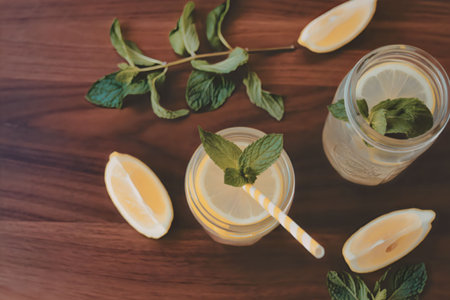 Two glasses of lemonade with mint leaves and lemon slices on a wooden table