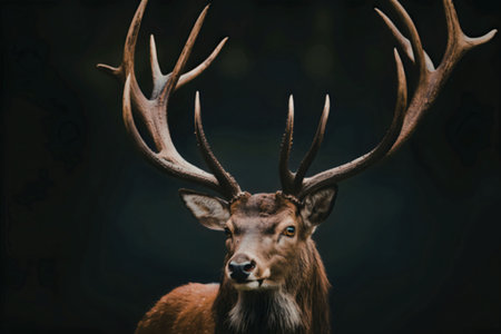 A close-up portrait of a majestic stag deer with large antlers, set against a dark background.