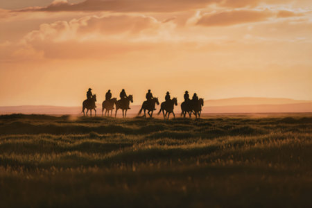 a group of horses running in a field during a beautiful sunset