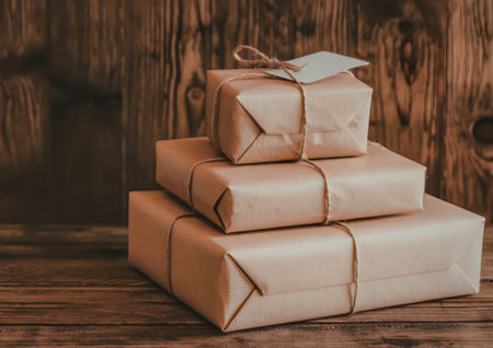A stack of brown packages wrapped in paper and tied with twine on a wooden surface